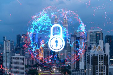 Parlayan Padlock hologramı, Kuala Lumpur, Malezya, Asya 'nın gece panoramik şehir manzarası. KL şirketlerini korumak için siber güvenlik kavramı. Çift pozlama.