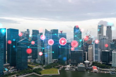 Soyut teknoloji hologramı Singapur, Asya 'nın panorama şehri görüntüsü üzerinde simgeler. İnsanların ağ kurma ve bağlantı kurma kavramı. Çift pozlama.