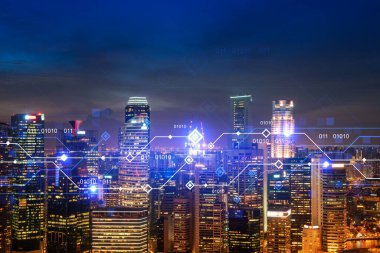 Bilgi akışı hologramı, Singapur 'un gece manzarası. Asya 'daki en büyük teknoloji merkezi. Bilimi programlama kavramı. Çift pozlama.