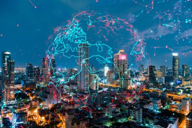 Bangkok, Asya 'nın gece panoramik şehir manzarasında Dünya haritasının hologramı. Uluslararası şirketler kavramı. Çoklu Pozlama.