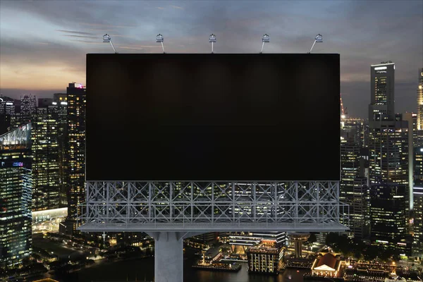 Panneau d'affichage noir vierge avec fond de paysage urbain de Singapour la nuit. Affiche publicitaire, maquette, rendu 3D. Vue de face. Le concept de communication marketing pour vendre l'idée. — Photo