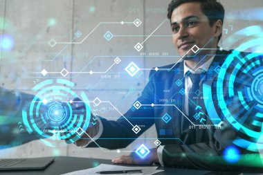 İki iş adamı el sıkışıyor ve teknoloji temalı hologram. Çifte maruziyet. Ortaklık kavramı.