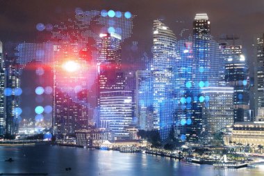 Singapur, Asya 'nın gece panoramik şehir manzarasında Dünya gezegeninin hologramı. Uluslararası şirketler kavramı. Çoklu Pozlama.