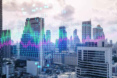 Asya 'daki iş merkezi Bangkok' un Panorama şehri manzarası üzerine finansal hisse senedi hologramı. Uluslararası işlem kavramı. Çift pozlama.