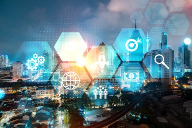 Araştırma ve teknolojik gelişim simgeleri parlıyor. Kuala Lumpur 'un panoramik şehir manzarası. Malezya, Asya 'da yeni hizmetleri veya ürünleri genişleten yenilikçi faaliyetler kavramı. Çift pozlama.