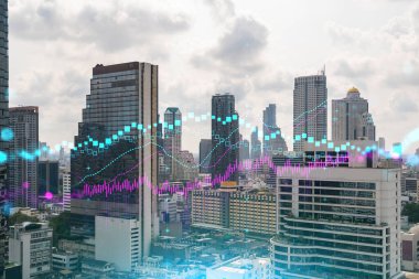 Asya 'daki finans merkezi Bangkok' un Panorama şehri manzarası üzerinde eski ve borsa hologramı. Uluslararası ticaret kavramı. Çift pozlama.