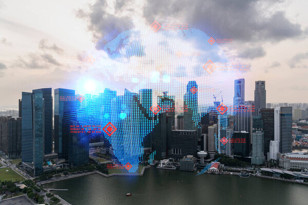 Glowing hologram of Earth planet map on aerial panoramic cityscape of Singapore at sunset, Asia. The concept of international business. Multi Exposure.