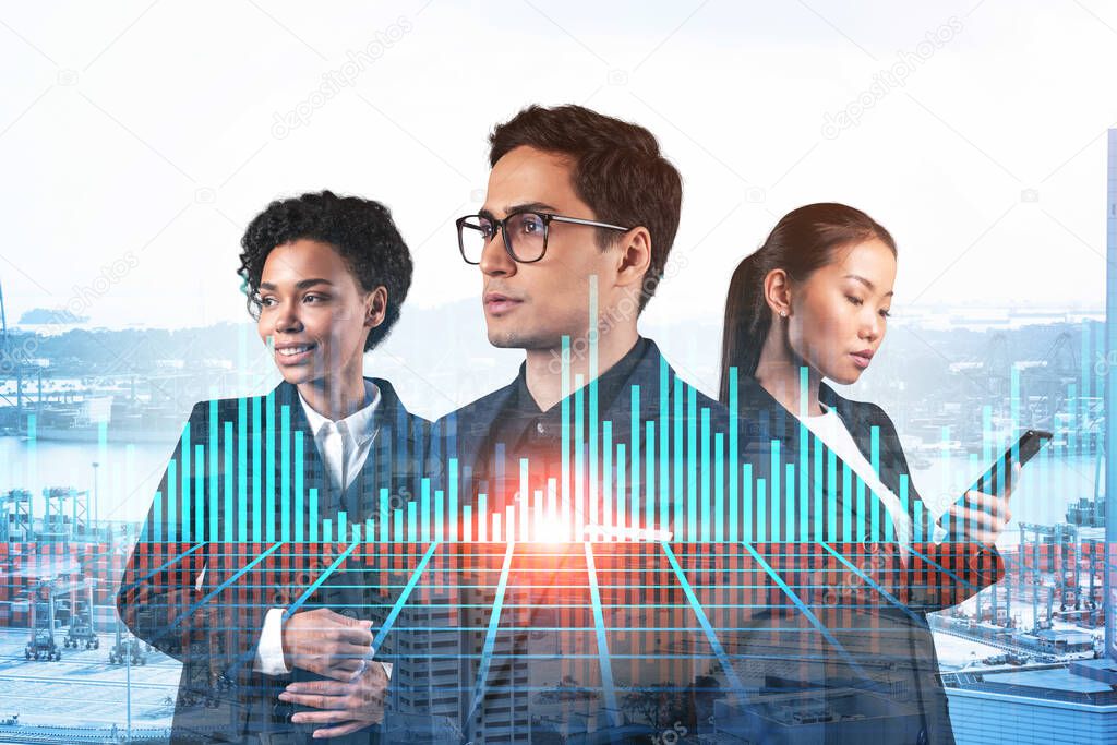 Group of business colleagues working on new venture capital and hi-tech start up and try to forecast risks and estimate prospective earning growth. Hologram chart on Singapore background.