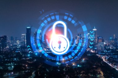 Parlayan Padlock hologramı, Bangkok, Asya 'nın gece panoramik şehir manzarası. Şirketleri korumak için siber güvenlik kavramı. Çift pozlama.
