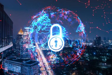 Parlayan Padlock hologramı, Bangkok, Asya 'nın gece panoramik şehir manzarası. Şirketleri korumak için siber güvenlik kavramı. Çift pozlama.