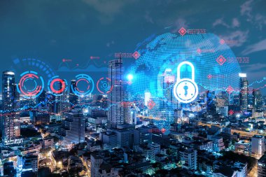 Parlayan Padlock hologramı, Bangkok, Asya 'nın gece panoramik şehir manzarası. Şirketleri korumak için siber güvenlik kavramı. Çift pozlama.