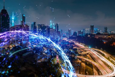 Soyut teknoloji simgeleri, Kuala Lumpur, Malezya, Asya 'nın gece panoramik şehir manzarası. Uluslararası iş sürecini optimize etmek için yenilikçi yaklaşım kavramı. Çift pozlama.