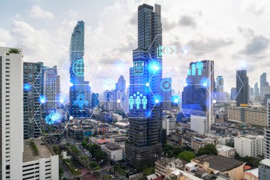 Bangkok 'un Panorama şehri görüşü üzerine araştırma ve geliştirme hologramı, Asya' daki ticareti optimize etmek için yeni teknolojilerin merkezi. Fırsatları aşma kavramı. Çift pozlama.