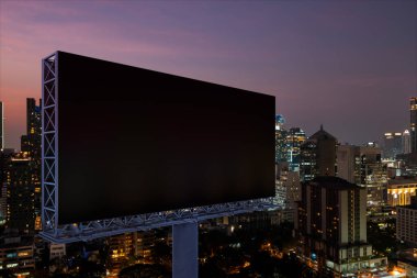 Blank black road billboard with Bangkok cityscape background at night time. Street advertising poster, mock up, 3D rendering. Side view. The concept of marketing communication to promote idea. clipart