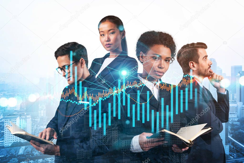 Group of business colleagues in suits as a part of multinational corporate team working on forecasting trading corporate strategy at fund. Forex chart. Kuala Lumpur on background. Double exposure