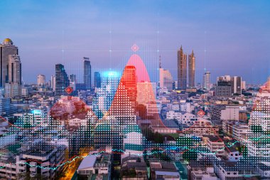 Işık saçan FOREX grafik hologramı, gün batımında Bangkok 'un panoramik şehir manzarası. Asya 'da hisse ve tahvil ticareti. Fon yönetimi kavramı. Çift pozlama.
