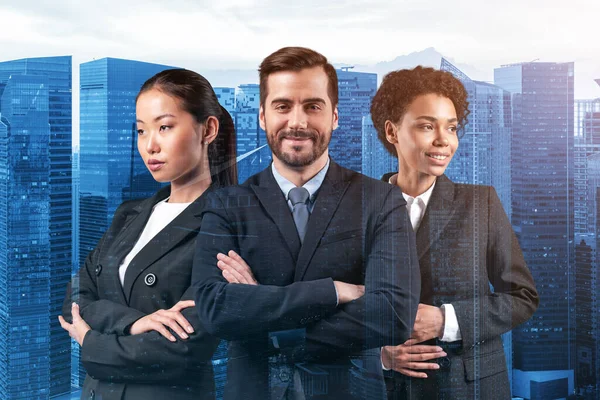 Front view of successful smiling business consultants standing in a row in suits and ready to tackle with customer problem. Singapore cityscape. Multinational corporate team. Double exposure.