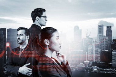 Yeni risk sermayesi ve yüksek teknoloji üzerinde çalışan bir grup iş arkadaşı riskleri tahmin etmeye ve olası kazanç artışlarını tahmin etmeye çalışıyor. Singapur arkaplanının hologram şeması.