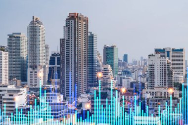 Asya 'daki iş merkezi Bangkok' un Panorama şehri manzarası üzerine finansal hisse senedi hologramı. Uluslararası işlem kavramı. Çift pozlama.