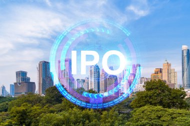 Halka arz hologramı, Bangkok 'un panorama şehri manzarası, Asya' nın ilk halka arz merkezi. İş fırsatlarını aşma kavramı. Çift pozlama.