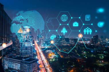 Araştırma ve teknolojik gelişim simgeleri parlıyor. Bangkok 'un panoramik şehir manzarası. Asya 'da yeni hizmetleri veya ürünleri genişleten yenilikçi faaliyetler kavramı. Çift pozlama.