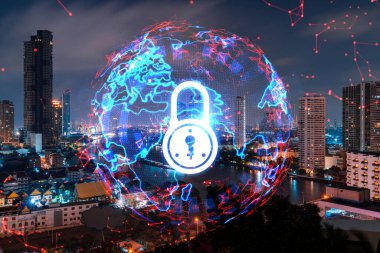 Parlayan Padlock hologramı, Bangkok, Asya 'nın gece panoramik şehir manzarası. Şirketleri korumak için siber güvenlik kavramı. Çift pozlama.