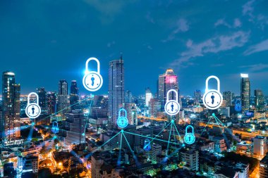 Parlayan Padlock hologramı, Bangkok, Asya 'nın gece panoramik şehir manzarası. Şirketleri korumak için siber güvenlik kavramı. Çift pozlama.