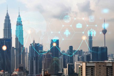 Kuala Lumpur 'un Panorama şehri görüşü üzerine araştırma ve geliştirme hologramı. KL, Malezya, Asya 'da ticareti optimize etmek için yeni teknolojilerin merkezidir. Fırsatları aşma kavramı. Çift pozlama.