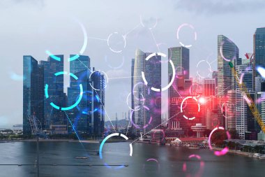 Soyut teknoloji hologramı Singapur, Asya 'nın panorama şehri görüntüsü üzerinde simgeler. İnsanların ağ kurma ve bağlantı kurma kavramı. Çift pozlama.