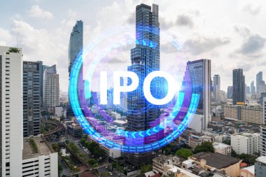 Halka arz hologramı, Bangkok 'un panorama şehri manzarası, Asya' nın ilk halka arz merkezi. İş fırsatlarını aşma kavramı. Çift pozlama.