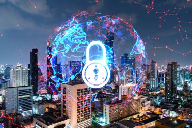 Parlayan Padlock hologramı, Bangkok, Asya 'nın gece panoramik şehir manzarası. Şirketleri korumak için siber güvenlik kavramı. Çift pozlama.