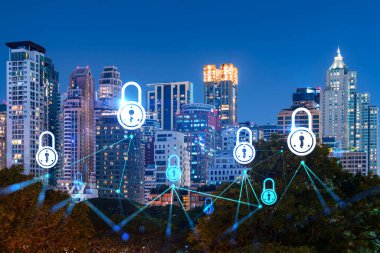Parlayan Padlock hologramı, Bangkok, Asya 'nın gece panoramik şehir manzarası. Şirketleri korumak için siber güvenlik kavramı. Çift pozlama.
