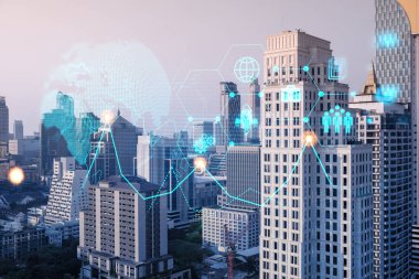 Araştırma ve Geliştirme Hologramı simgeleri parlıyor. Bangkok 'un günbatımı panoramik şehir manzarası. Asya 'da yeni hizmetler ve ürünler yaratmak için yenilikçi teknolojiler kavramı. Çift pozlama.