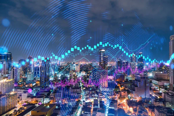 FOREX grafik hologramı, Bangkok 'un hava gece panoramik şehri Asya' daki borsa araştırmacıları için geliştirilmiş bir yer. Temel analiz kavramı. Çift pozlama.