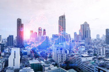 Dünya gezegeninin hologramı Bangkok, Asya 'nın Panorama şehri manzarasında. Uluslararası bağlantılar ve iş dünyası kavramı. Çoklu Pozlama.