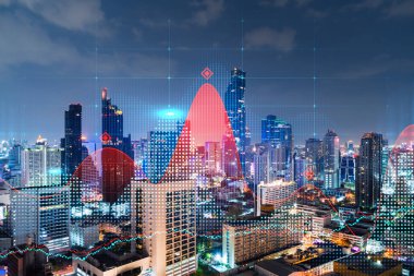 FOREX grafik hologramı, Bangkok 'un hava gece panoramik şehri Asya' daki borsa araştırmacıları için geliştirilmiş bir yer. Temel analiz kavramı. Çift pozlama.