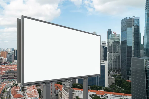 Blank white road billboard with Singapore cityscape background at day time. Street advertising poster, mock up, 3D rendering. Side view. The concept of marketing communication or sell idea. — Stock Photo, Image