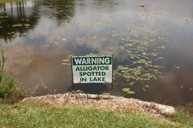 FT Lauderdale, FL-USA 10 Mayıs 2019: Timsah Gölü 'nde uyarı levhası asıldı.