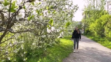 Genç bir kız çiçek açan bir bahar bahçesinde yürüyor.