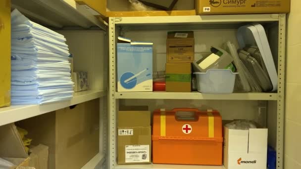 Warehouse Medical Supplies Hospital First Aid Kit Shelves Various Boxes — Stock Video