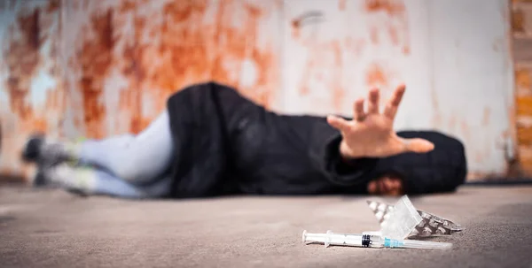 Woman Lying Floor Reaches Drugs Dependence Abuse Intoxication Despair Dose — Stock Photo, Image