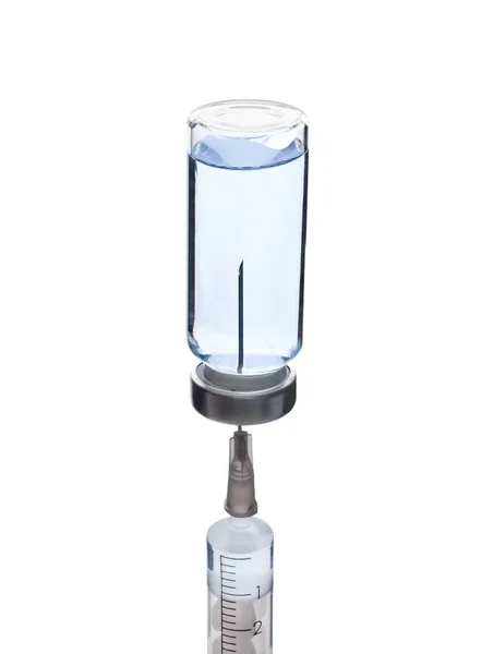 Ampoule Médicale Seringue Avec Liquide Transparent Bleu Sur Fond Blanc — Photo