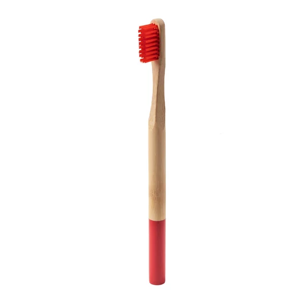 Toothbrush Made Bamboo Bristles Red White Background Isolate Concept Eco — Stock Photo, Image