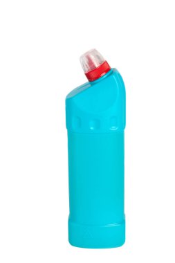 Tuvalet temizleyicisi mavi şişe beyaz arka planda izole.