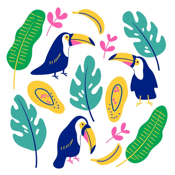 vector toucan bird tropical leaf palm fruit element set on white childish simple  cute pattern for you design paper for kids