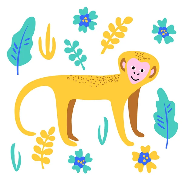 Vecteur drôle singe sauvage plante fleurs feuille mignon illustration ensemble — Image vectorielle