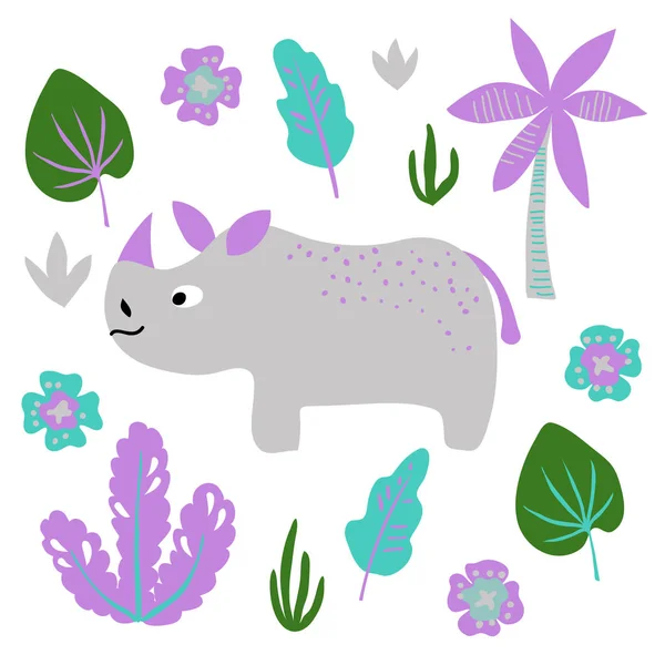 Vecteur mignon rhinocéros plante illustration — Image vectorielle