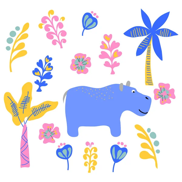 Vecteur mignon rhinocéros sauvage animal simple bleu rose jaune feuille de palme mis sur blanc — Image vectorielle