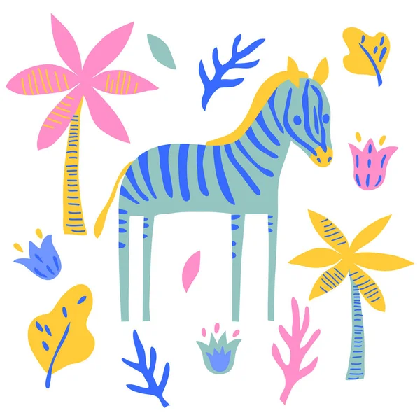 Vecteur zèbre cheval mammifère animal sauvage plante enfantin mignon illustration ensemble — Image vectorielle