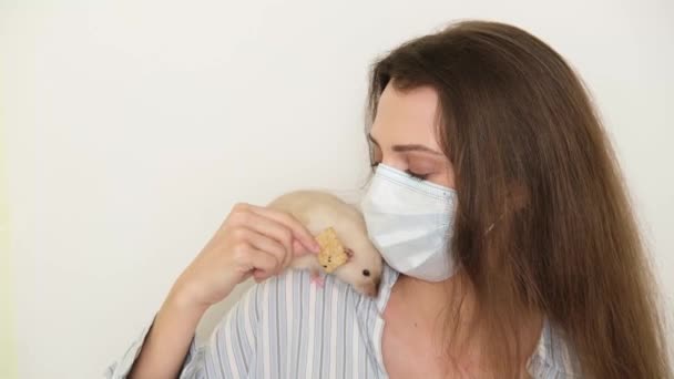 Patkánysütit Otthon Dekoratív Patkány Egy Fiatal Vállán Orvosi Maszkban Egy — Stock videók
